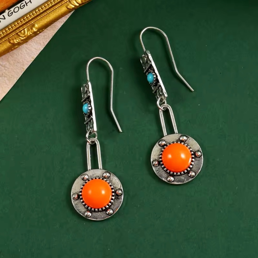 Orange and Silver Jewelry Bohemian Coral Color Drop Earrings Zinc Alloy Inlaid